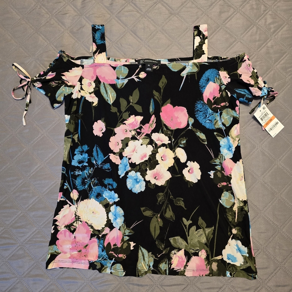 New INC Petite Small Cold Shoulder Floral Top